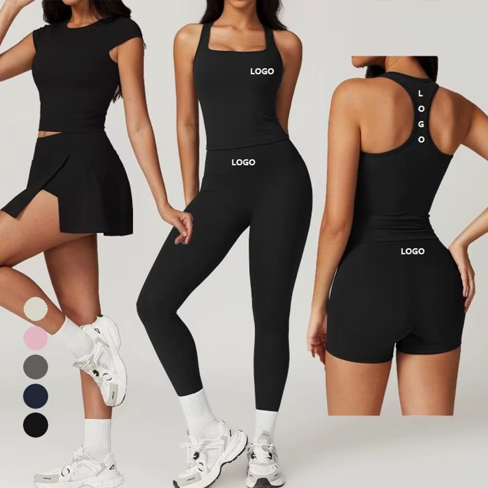 OEM ODM Activewear Sports Bra Skirt Clothing 4Pcs Suit Workout T Shirt Wear Yoga Leggings Women Biker Shorts Gym Fitness Sets