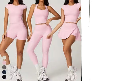 OEM ODM Activewear Sports Bra Skirt Clothing 4Pcs Suit Workout T Shirt Wear Yoga Leggings Women Biker Shorts Gym Fitness Sets