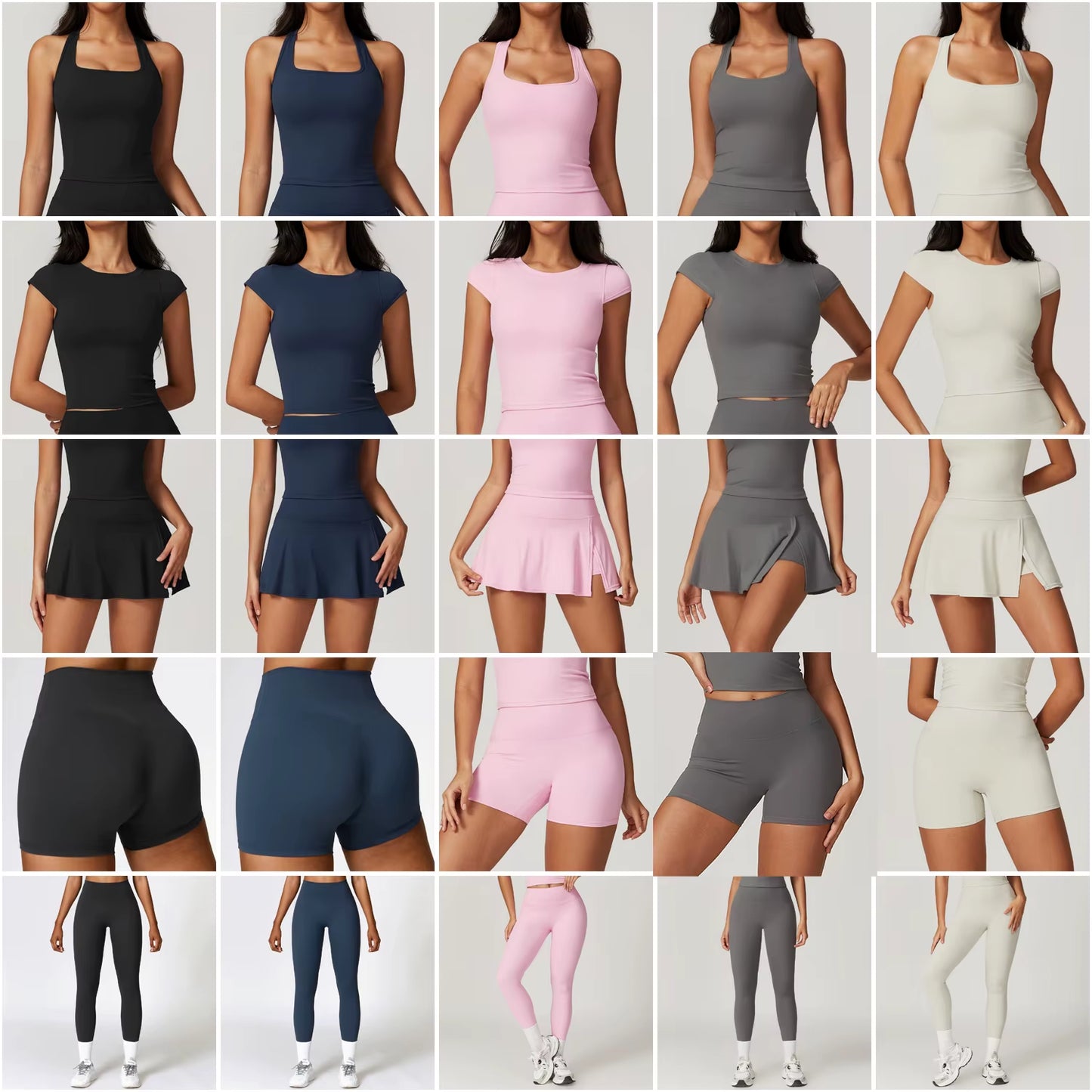 OEM ODM Activewear Sports Bra Skirt Clothing 4Pcs Suit Workout T Shirt Wear Yoga Leggings Women Biker Shorts Gym Fitness Sets