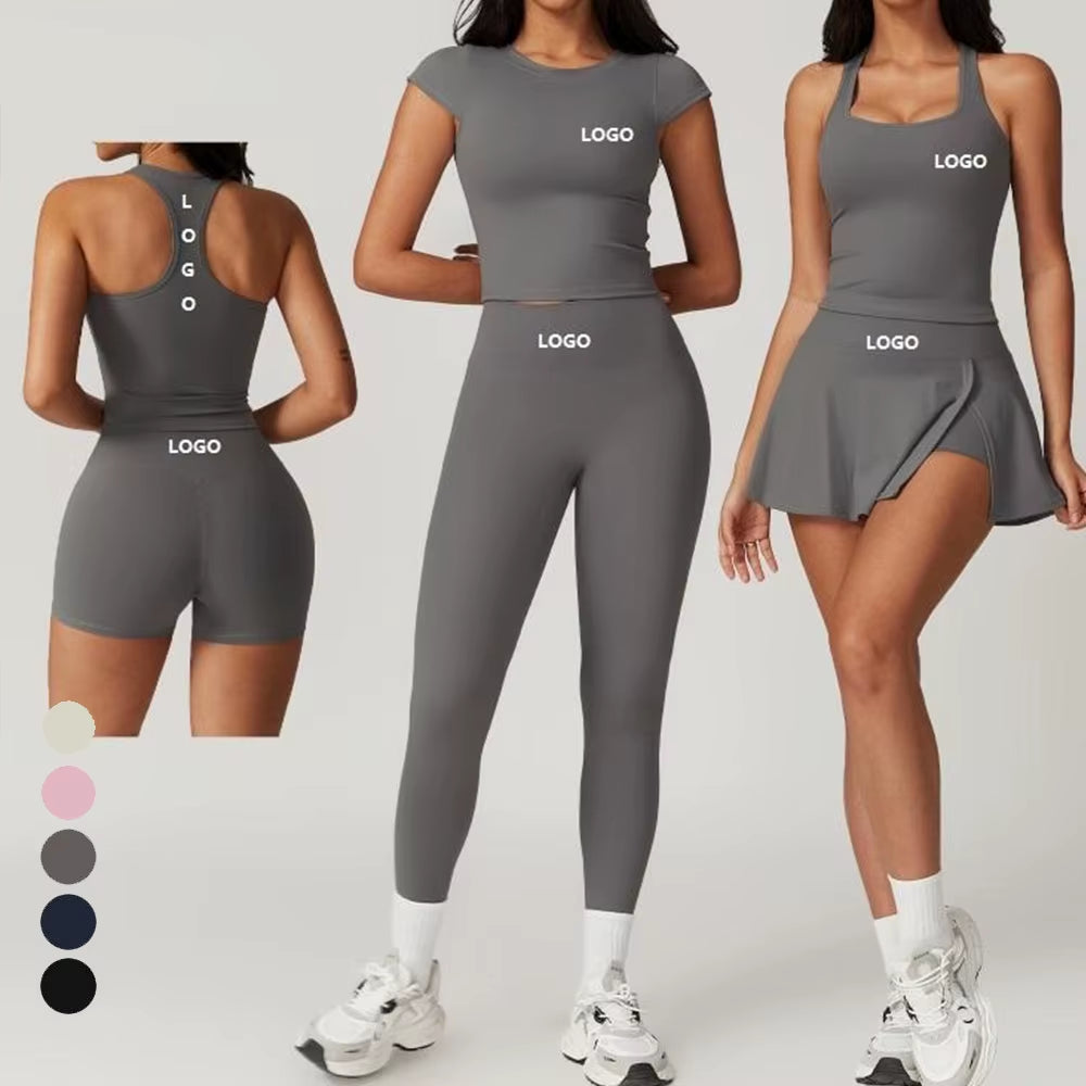 OEM ODM Activewear Sports Bra Skirt Clothing 4Pcs Suit Workout T Shirt Wear Yoga Leggings Women Biker Shorts Gym Fitness Sets