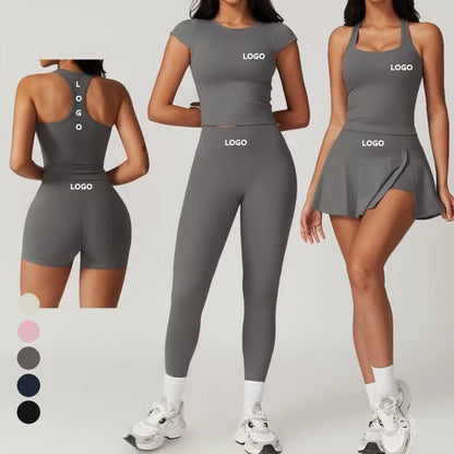 OEM ODM Activewear Sports Bra Skirt Clothing 4Pcs Suit Workout T Shirt Wear Yoga Leggings Women Biker Shorts Gym Fitness Sets