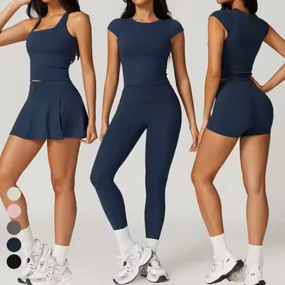 OEM ODM Activewear Sports Bra Skirt Clothing 4Pcs Suit Workout T Shirt Wear Yoga Leggings Women Biker Shorts Gym Fitness Sets